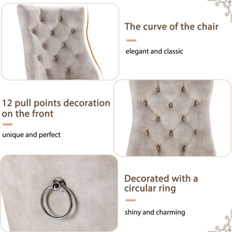 Chaise à 4 pieds, chaise de salle à manger en velours beige clair, dossier haut, avec matelassage à boutons, structure en bois massif, beige clair (set, 2 pièces) (1/4)