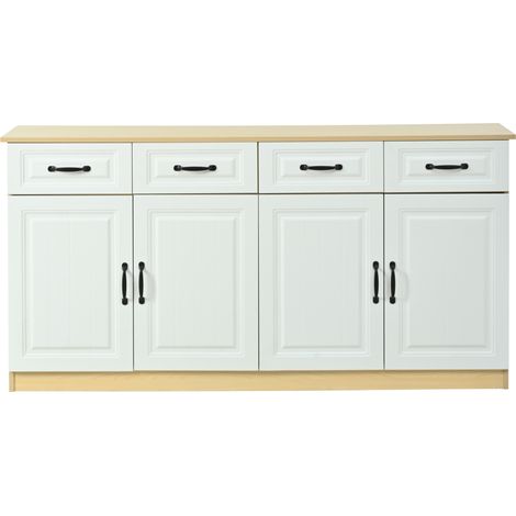 Buffet 4 tiroirs et 4 portes en MDF blanc et bois naturel 160x35x80 cm (1/5)