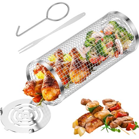 Cesta rodante para parrilla, parrilla de acero inoxidable, cestas para cocinar con gancho (1 unidad) (1/5)