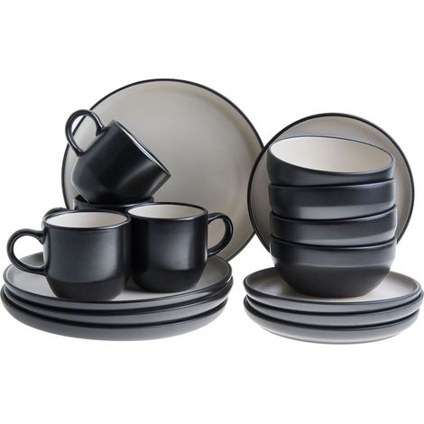 16-Piece Dinnerware Set Black Stoneware Elegant Kitchen Dining Room Color Glaze Finish For 4 People NUTMEG
