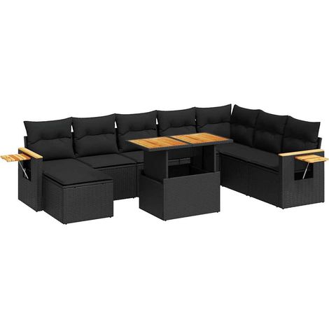 Salon de jardin avec coussins 9 pcs Mobilier de jardin noir résine tressée acacia (1/5)