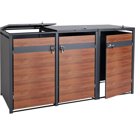 3er Mülltonnenverkleidung HHG-358, Mülltonnenbox, erweiterbar, Metall 80kg, anthrazit Kirsche-Holzoptik dunkelbraun