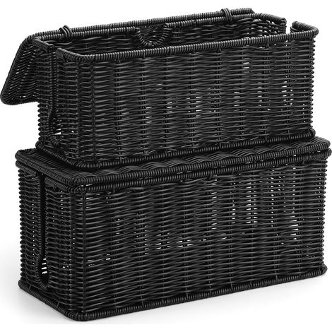 Lot de 2 grandes boîtes de rangement de câbles noires en imitation rotin tissé à la main pour cacher les cordons et les multiprises sur le bureau ou le sol (1/5)