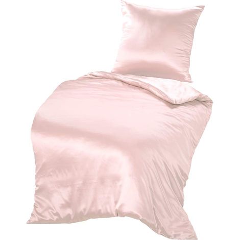 Parure de lit en soie 2 pièces, housse de couette 155 x 220 cm et taie d'oreiller 80 x 80 cm, hypoallergénique en soie de mûrier 19 mommes, ultra douce et lisse, charmante rose (1/5)