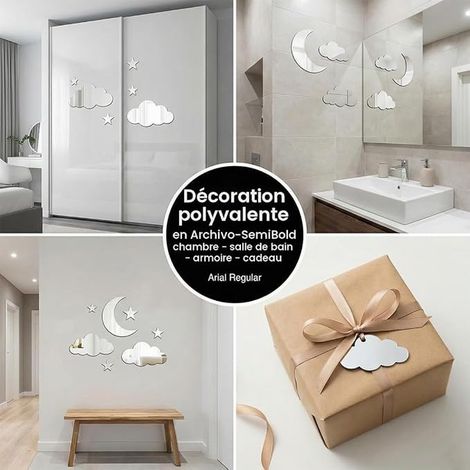 Stickers Muraux Nuages ​​Lune Étoiles Muraux Adhésifs en Acrylique Argent Miroir a Coller sur Porte Placard, Decoration pour Salon Chambre Bureau, Couloir, Chambre d'enfant (1/2)