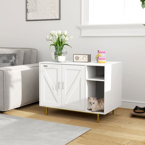 Mobiletto per lettiera per gatti con tiragraffi e vano portaoggetti, 80x50x61 cm, bianco. (1/5)