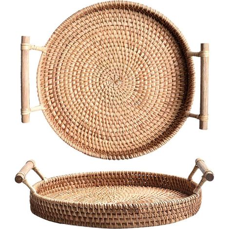 Panier à pain rond en rotin tressé à la main avec anse en bois pour service de table et présentation élégante (1/5)