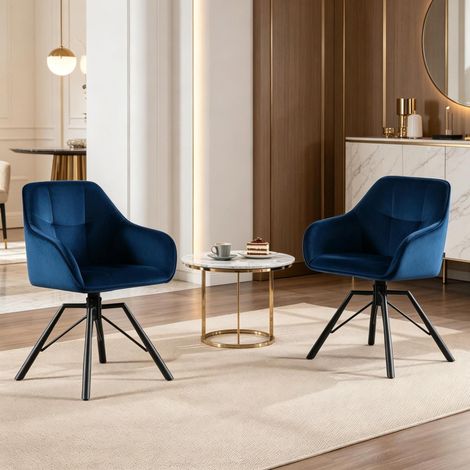 Set de 2 sillas de comedor giratorias 360° de terciopelo azul con reposabrazos y patas metálicas (1/5)