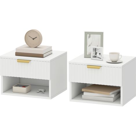 Lot de 2 tables de chevet suspendues, tables de nuit murales avec tiroir et niche, moderne, 40x34x29cm, blanc (1/5)