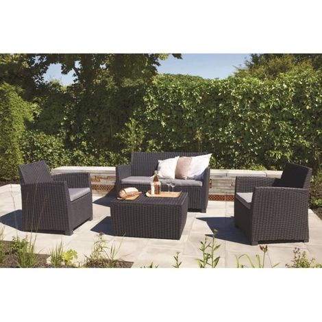 Allibert – Salon de jardin 4 places en résine tressée – Canapé 2 places, 2 fauteuils, table range coussins – Coloris gris – Dossiers ergonomiques (1/4)