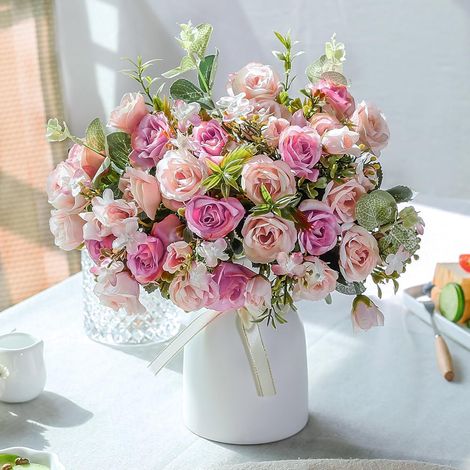 Rose Artificielle en Soie avec Vase - Bouquet de Fleurs artificielles pour Mariage, Maison, Bureau, fête, décoration de Table (Rose) (1/5)