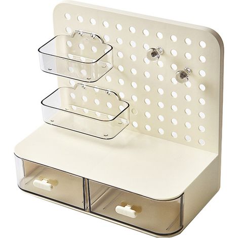 Organiseur de bureau à panneaux perforés, étagère de rangement multifonctionnelle simple en plastique avec tiroirs pour fournitures de bureau et bandeaux, couleur crème (1/5)