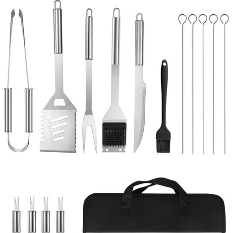 Ensemble de 15 pièces de couverts de barbecue en acier inoxydable : spatule, fourchette, pince et pinceau de cuisine.
