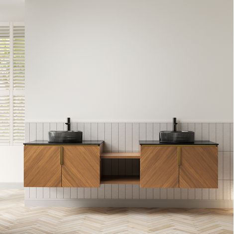 Mobile lavabo bagno sospeso in vetro e pietra sinterizzata nero e rovere marrone 192 cm con 2 lavabi e 4 ante (1/4)