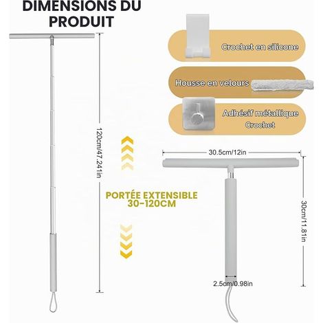 Raclette Douche Rétractable 30 à 120 cm, Silicone Raclette Vitre, Raclett Vitre Douche Support, Fenêtre, Salle De Bain, Miroir, Verre, Carrelage(Gris) (1/4)