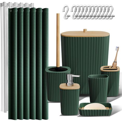 Ensemble de 20 Accessoires de Salle de Bain Vert constitué des Rideaux de Douche, Distributeur de Savon, Brosse et Poubelle (1/5)