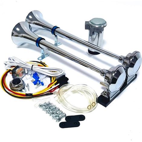 Klaxon à air pour camion 24 V - Haut-parleur argenté 165 dB en zinc chromé - Double tube trompette - Klaxon électrique avec compresseur à air - Haut-parleur de voiture pour voiture, camion, SUV, (1/5)