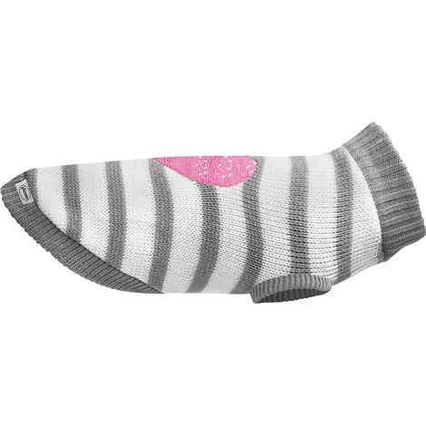 Pull pour Chien, Longueur Dos 20 cm, Pull Chaud avec cœur en Paillettes réversible, Trou Laisse et Lavable en Machine  Gris - Blanc, 3XS
