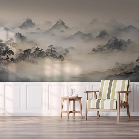 Papier peint paysage montagne brume asiatique aquarelle zen papier peint (1/5)