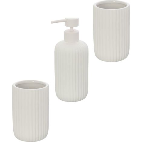 Set accessori bagno in ceramica bianca con dispenser sapone e due portaspazzolini Spring (1/5)