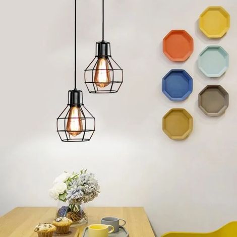 2x Lampe Suspensions Industrielle en Fer Forge Vintage Plafonnier en Cage Noir pour Salon Chambre Cuisine (1/4)
