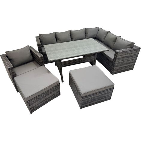 Fimous Rattan Garden Furniture Set Outdoor 9 Seater Patio Dining Corner Sofa Sets with Dining Table Chair 2 Big Stools Dark Grey Mixed (1/5)