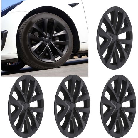 (À combiner avec le produit n° 1617230005911) (Vidéo disponible) 4 enjoliveurs style plaid Model S pour Tesla Model 3 (jantes 18 pouces, 2017-2023) (sans marquage). Noir mat, surdimensionnés et plus l (1/5)