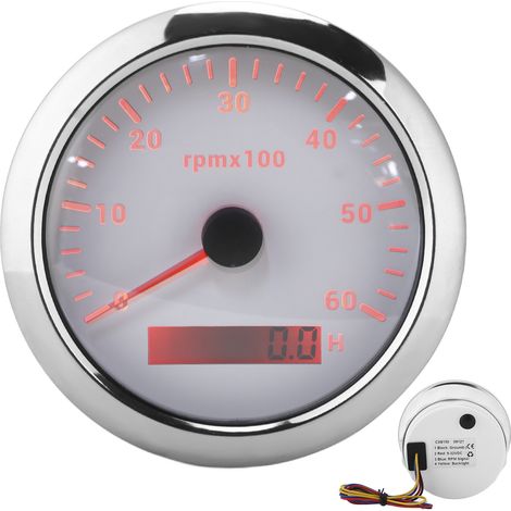 Tachymètre 85 mm / 3,35 pouces 0‑6000 tr/min, rétroéclairage couleur, réglable, universel pour engins de chantier, blanc (1/5)