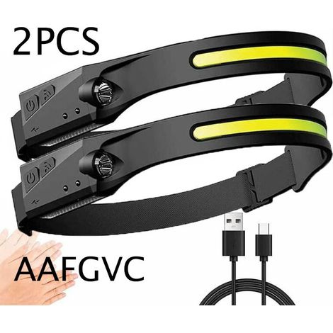Lampe Frontale, Torche Frontale LED USB Rechargeable Puissante avec 350 LM, 3 Modes d'Eclairage, Induction Manuelle, Étanche et Léger pour Pêche, Camping, Lecture, Randonnée, Cyclisme (2PCS),AAFGVC