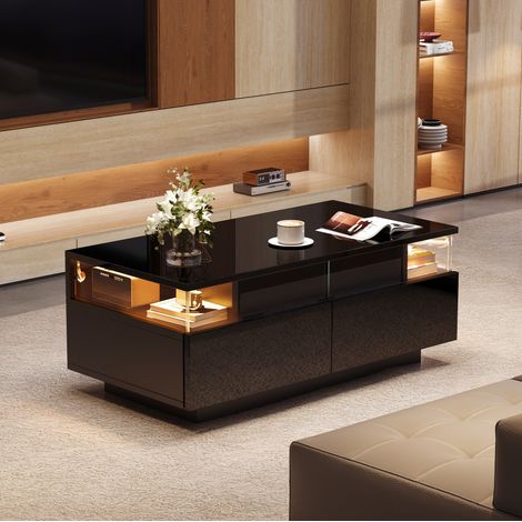 Table basse MDF noir brillant 90 cm avec 2 tiroirs, plateau amovible, verre trempé et LED (1/5)