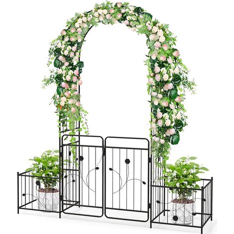 Goplus – Arche de jardin en métal avec 2 jardinières latérales – Portail verrouillable pour vignes et décorations – Dimensions 202x50x220 cm (1/5)