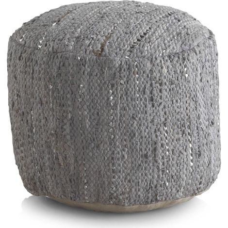 Pouf rond gris en cuir et coton fait main confort moderne - gris tressé clair (1/3)