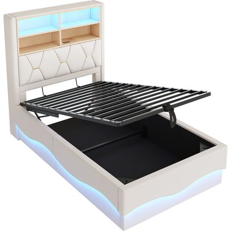 Letto per bambini 90x200 cm con contenitore idraulico, LED APP, USB, metallo e lino, beige (1/5)