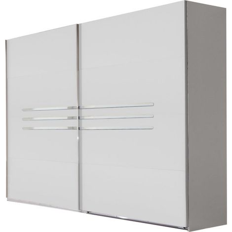 Pegane – Armoire de rangement blanche 225 x 210 x 65 cm – 2 portes coulissantes – Panneaux de particules – Aménagement intérieur optimisé (1/2)