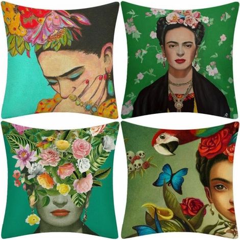 Set of 4 Frida Kahlo pillowcases, 45x45 cm – Cotton and linen blend – Invisible zipper – Artistic home decor (1/5)