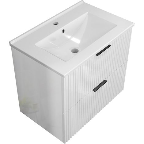 Acezanble Gloss White 600mm Wall Hung Bathroom Vanity Unit with Ceramice Basin 2 Drawers