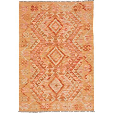 Tapis kilim 102 x 153 cm, géométrique, orange, rose et rouge, en laine naturelle, tissé plat artisanal (1/5)