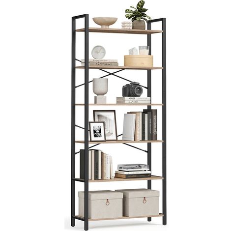 Étagère à 6 niveaux bibliothèque avec cadre en acier pour salon bureau entrée style industriel 80 x 30 x 186 cm marron (1/5)