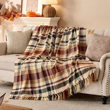 Plaid Marron en Canapé, Douillet Couverture à Carreaux de Automne, Acrylique Polaire Jeté à Franges, Douce Couvertures d'automne, Couvre Lit Décoration Intérieur Maison, 130x150 cm (1/5)