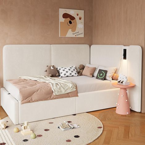 Lit enfant 90 x 200 cm, avec coffre de rangement à vérin hydraulique, prise USB et lampe de lecture, velours, beige (1/5)