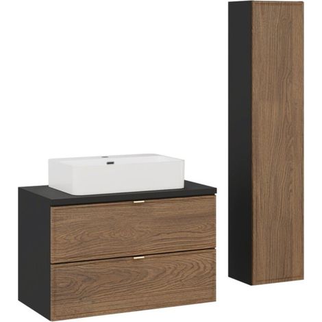 Set SAVIA : mobile sottolavabo 80cm + lavabo bianco da appoggio + colonna di stoccaggio