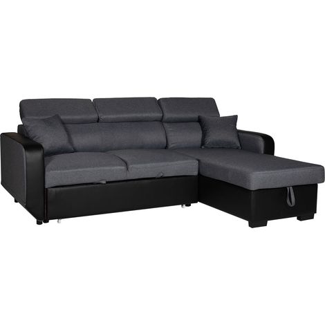 Happy Garden – Canapé d'angle convertible 3 places gris chiné et noir – Méridienne réversible avec coffre de rangement – Couchage 202 × 127cm