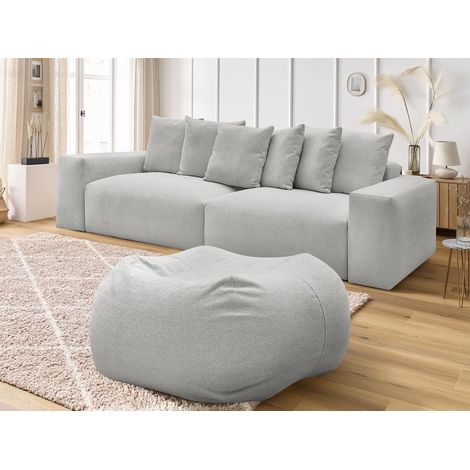 BOBOCHIC - Canapé droit fixe 4 places VOLTAIRE tissu chiné avec pouf Gris clair (1/5)