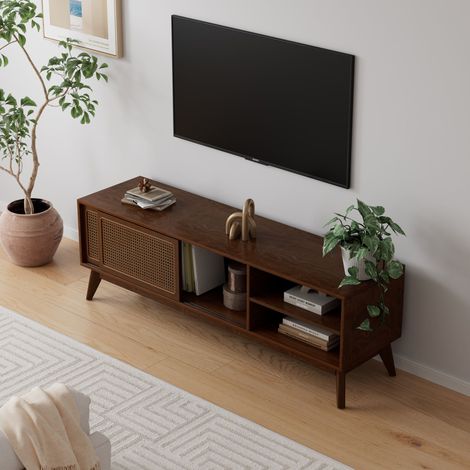 Tkopy - Meuble TV de style médiéval-contemporain, euble tv bois, meuble TV en rotin, deux portes coulissantes de rangement et une étagère de rangement extérieure, meuble tv noyer, noyer foncé (1/5)