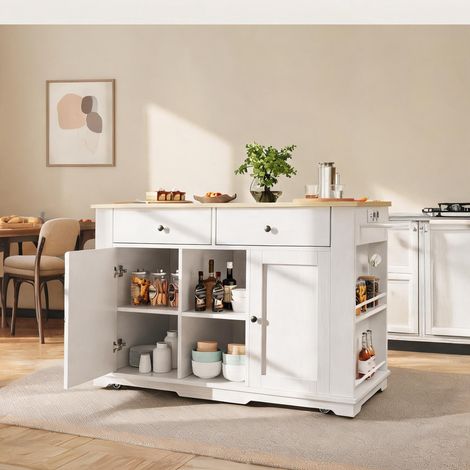 Îlot de cuisine blanc avec prise et table pliante en bois (1/5)