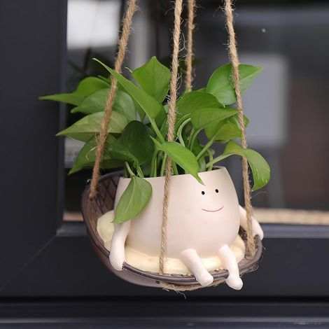 Hanging swing chair-style flower pot, smiley face design, suitable for both indoor and outdoor planting. Cute design, perfect for succulents, string of pearls, etc. A unique gift for Mother's Day, bir (1/5)