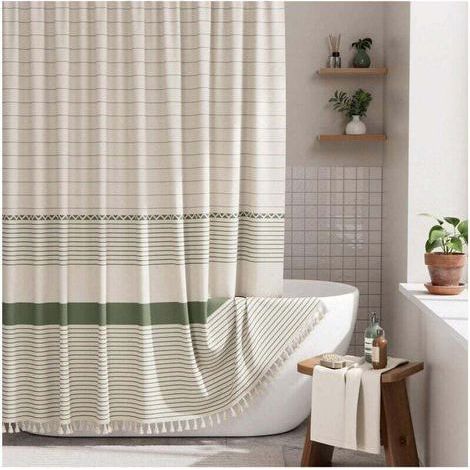 Shower Curtain, Modern Farmhouse Style Shower Curtain Set with Tassels, Rustic Green Striped Faux Linen Shower Curtain with Hooks, Light Brown with Shades of Green, 72 x 72 ft (1/4)