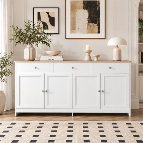 Buffet bas, Bahut de salon et salle à manger avec 4 portes et 3 tiroirs, Style Maison de Campagne en MDF, 160x37x75 cm, Blanc et Bois (1/5)