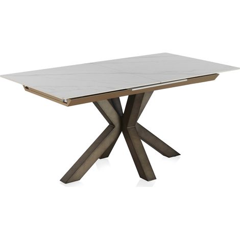 Table extensible blanche céramique effet marbre pieds cuivre - blanc marbré et cuivre élégant (1/5)