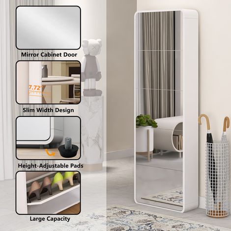 Armoire à chaussures miroir 5 tiroirs basculants, meuble à chaussures réfléchissant design arche, organisateur de chaussures inclinable autoportant pour entrée, blanc (1/5)